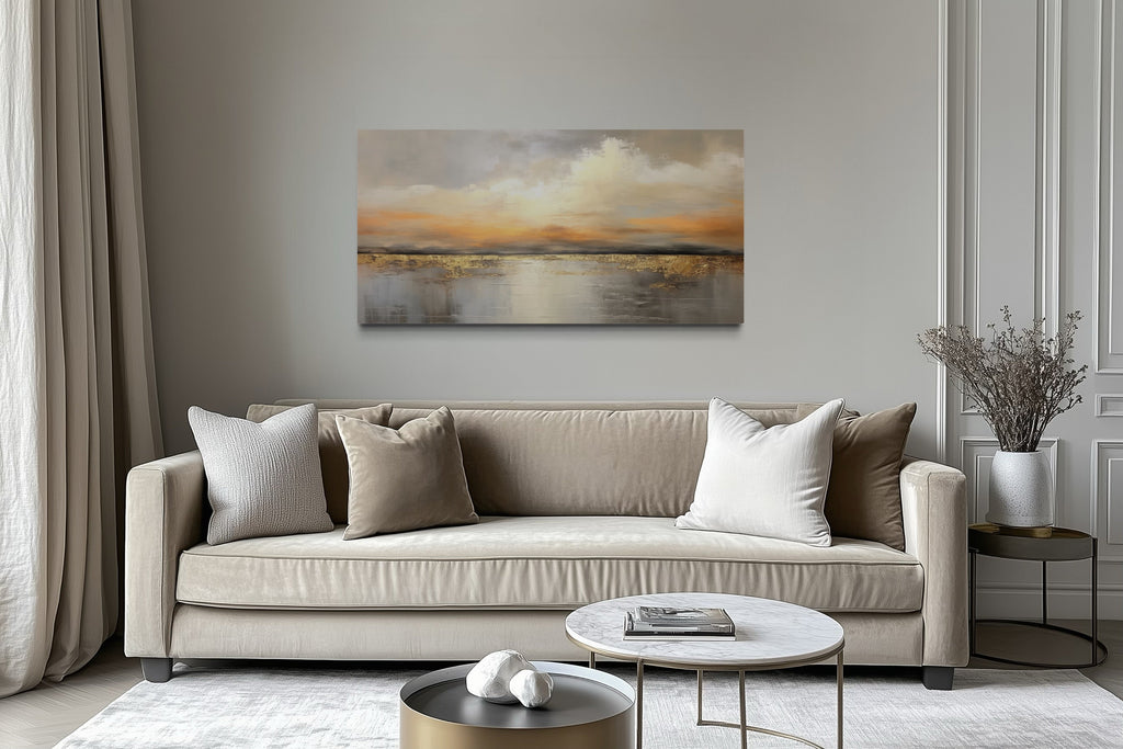 Silver Gold Abstract Ocean Sunset Living Room Framed Canvas Wall Art