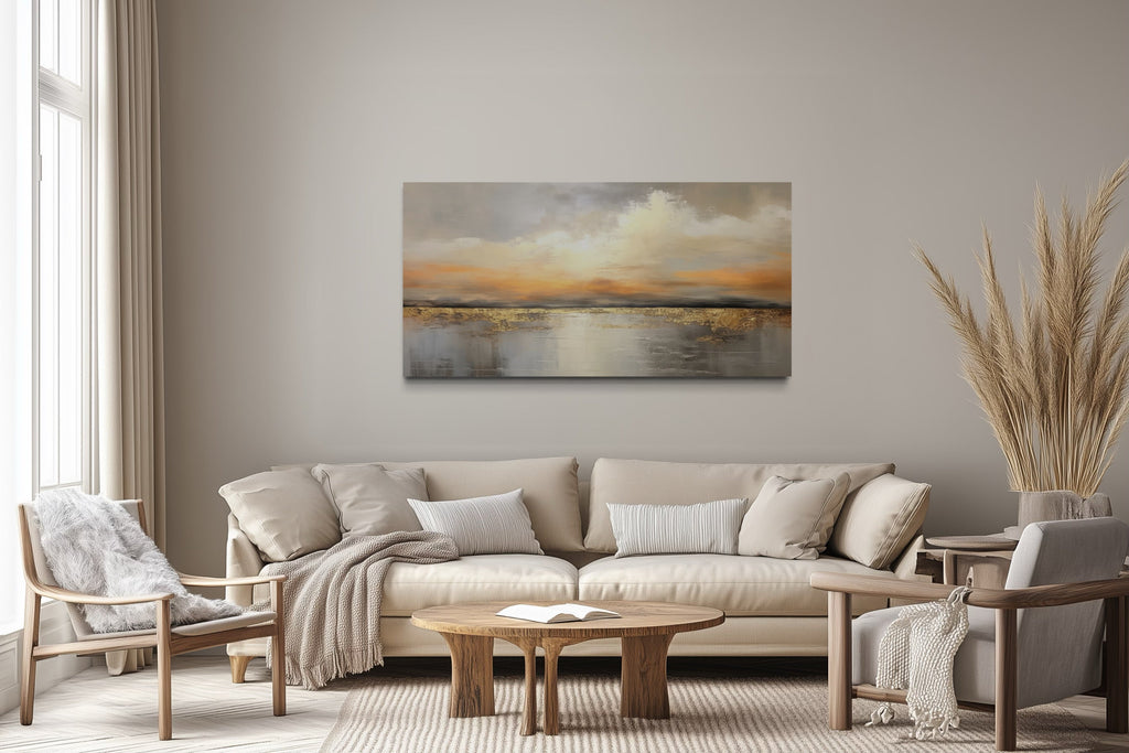 Silver Gold Abstract Ocean Sunset Living Room Framed Canvas Wall Art