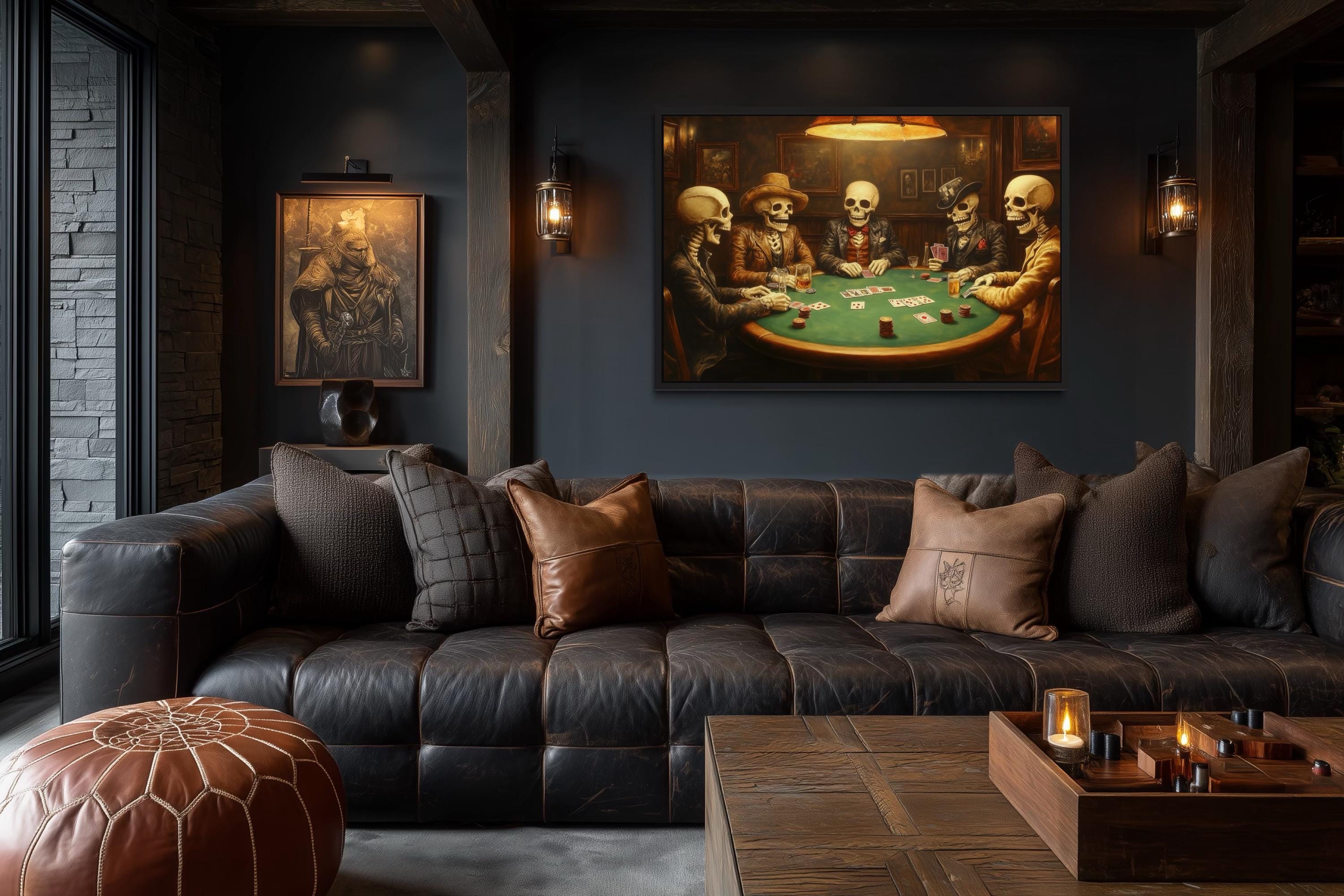 Skeleton Poker Wall Art – Gothic Skull Canvas for Men’s Game Room Decor