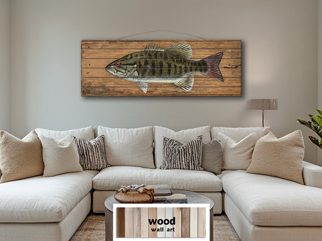 Smallmouth Bass Wall Art - Rustic Wood Plank Artwork | Fishing Lodge Decor
