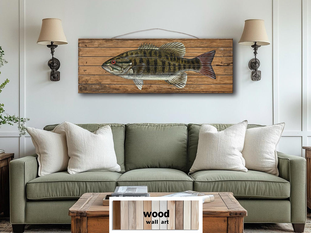 Smallmouth Bass Wall Art - Rustic Wood Plank Artwork | Fishing Lodge Decor