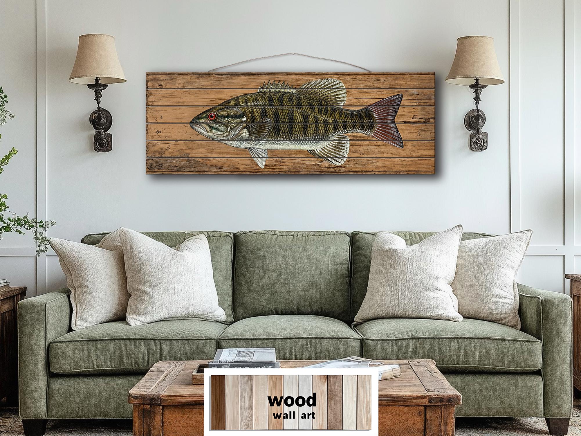 Smallmouth Bass Wall Art - Rustic Wood Plank Artwork | Fishing Lodge Decor