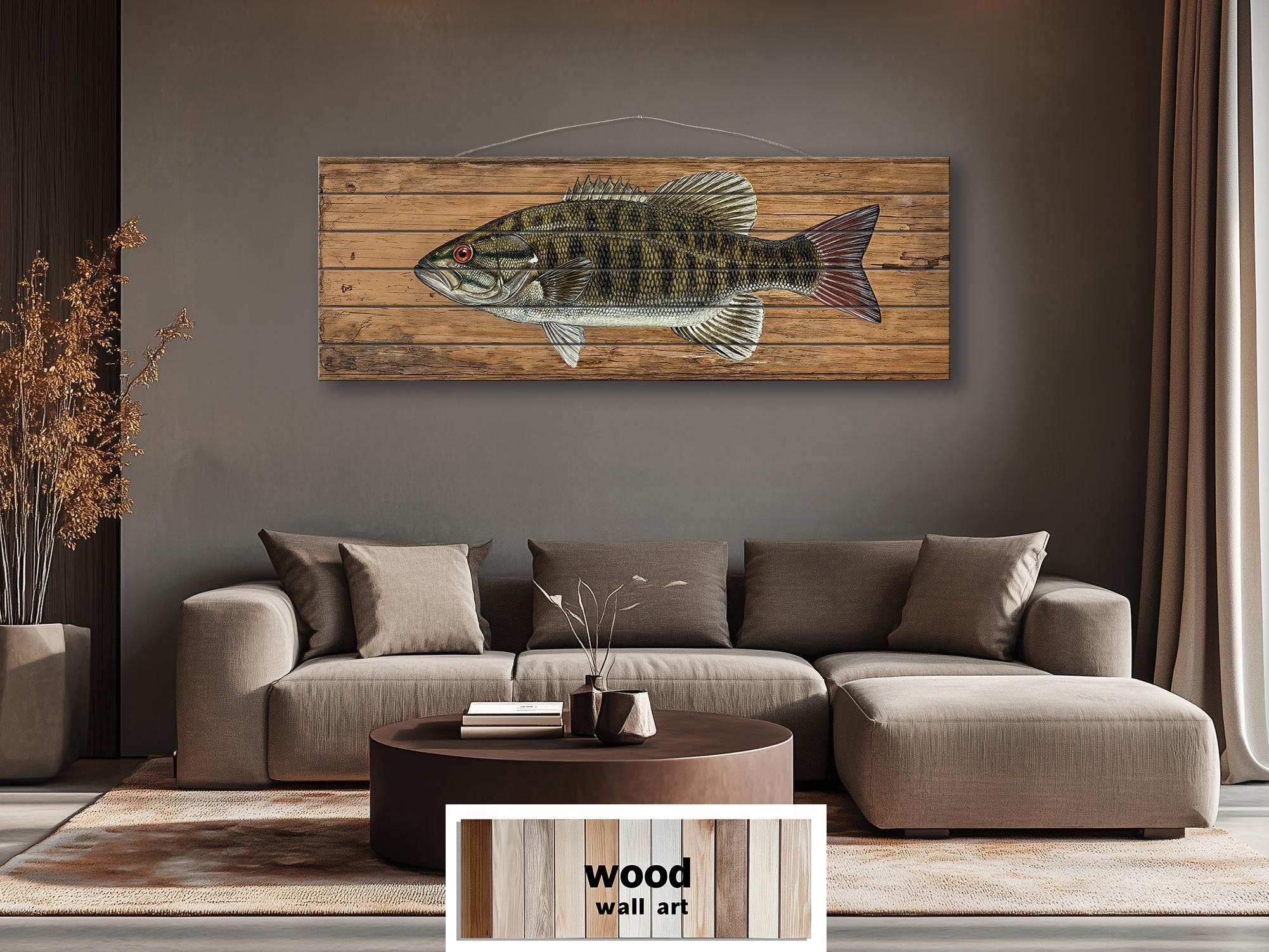 Smallmouth Bass Wall Art - Rustic Wood Plank Artwork | Fishing Lodge Decor