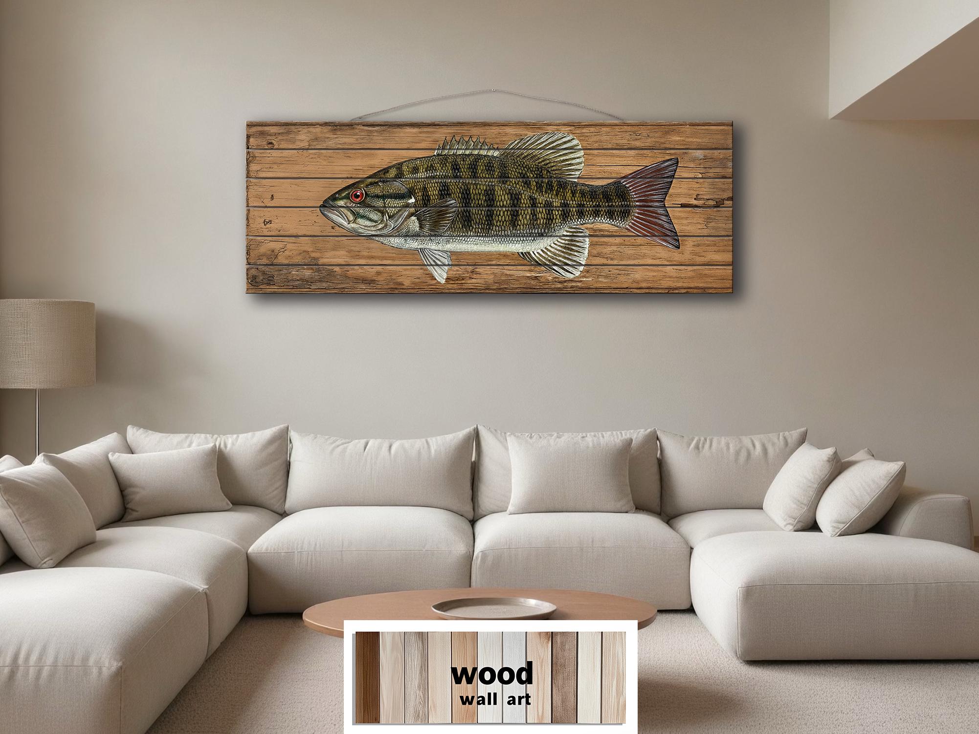 Smallmouth Bass Wall Art - Rustic Wood Plank Artwork | Fishing Lodge Decor