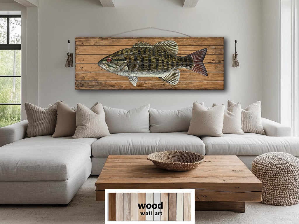 Smallmouth Bass Wall Art - Rustic Wood Plank Artwork | Fishing Lodge Decor