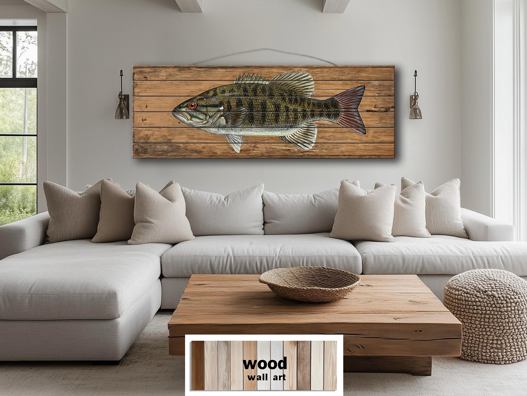 Smallmouth Bass Wall Art - Rustic Wood Plank Artwork | Fishing Lodge Decor