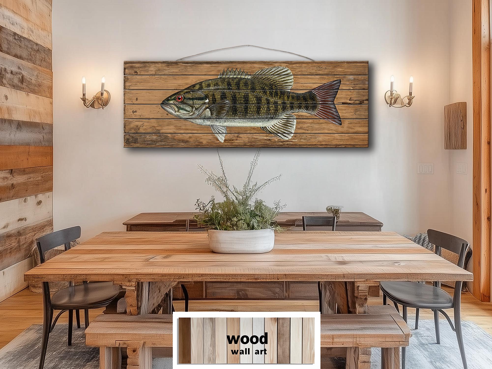 Smallmouth Bass Wall Art - Rustic Wood Plank Artwork | Fishing Lodge Decor