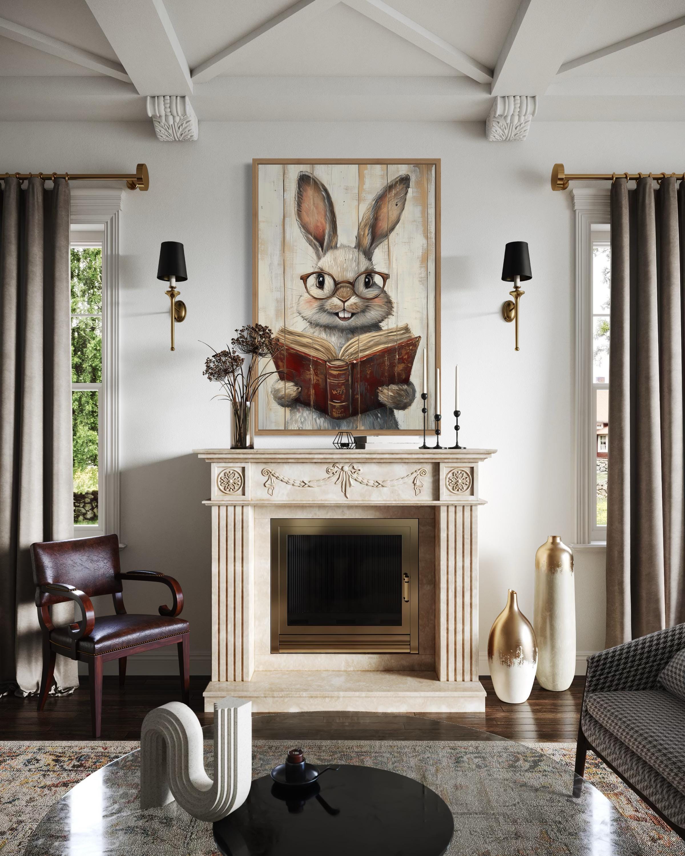 Smart Bunny Reading A Book Framed Canvas Wall Art