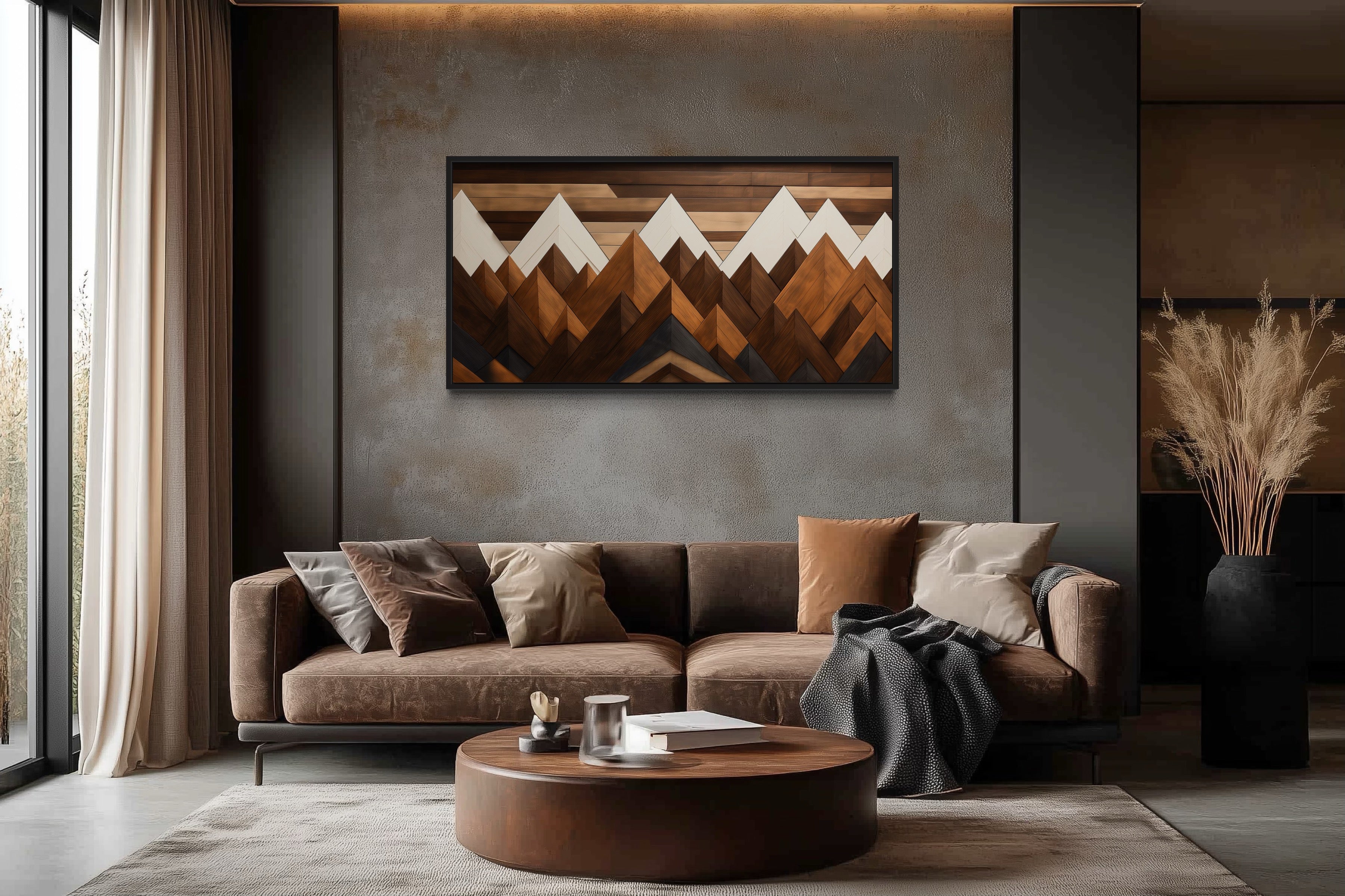Snow Capped Wood Mountains Framed Canvas Wall Art