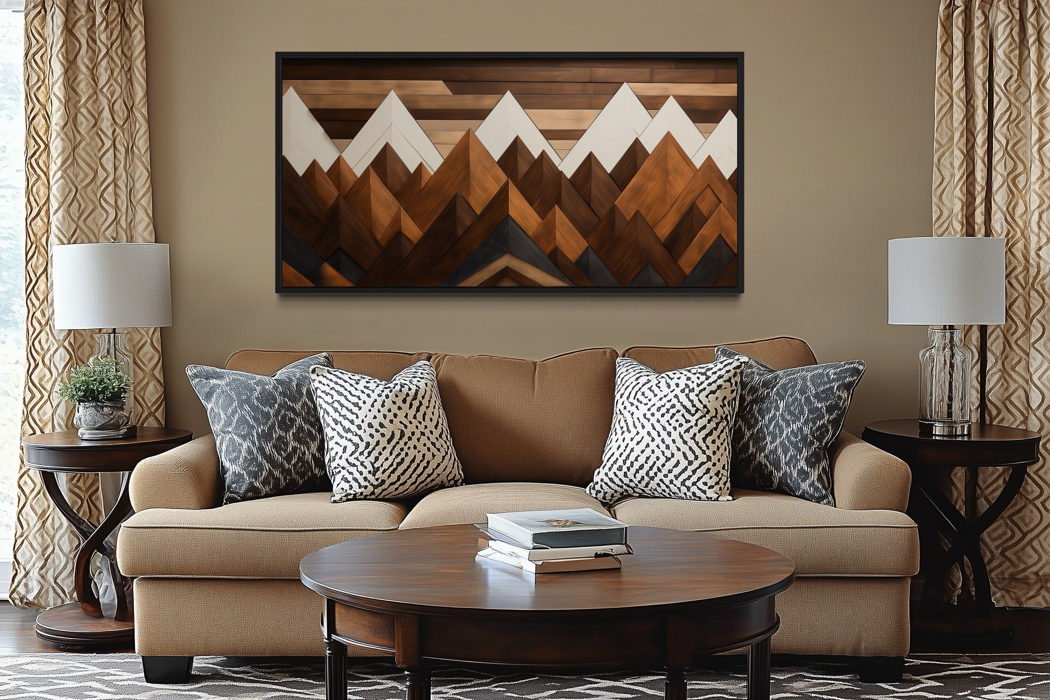 Snow Capped Wood Mountains Framed Canvas Wall Art