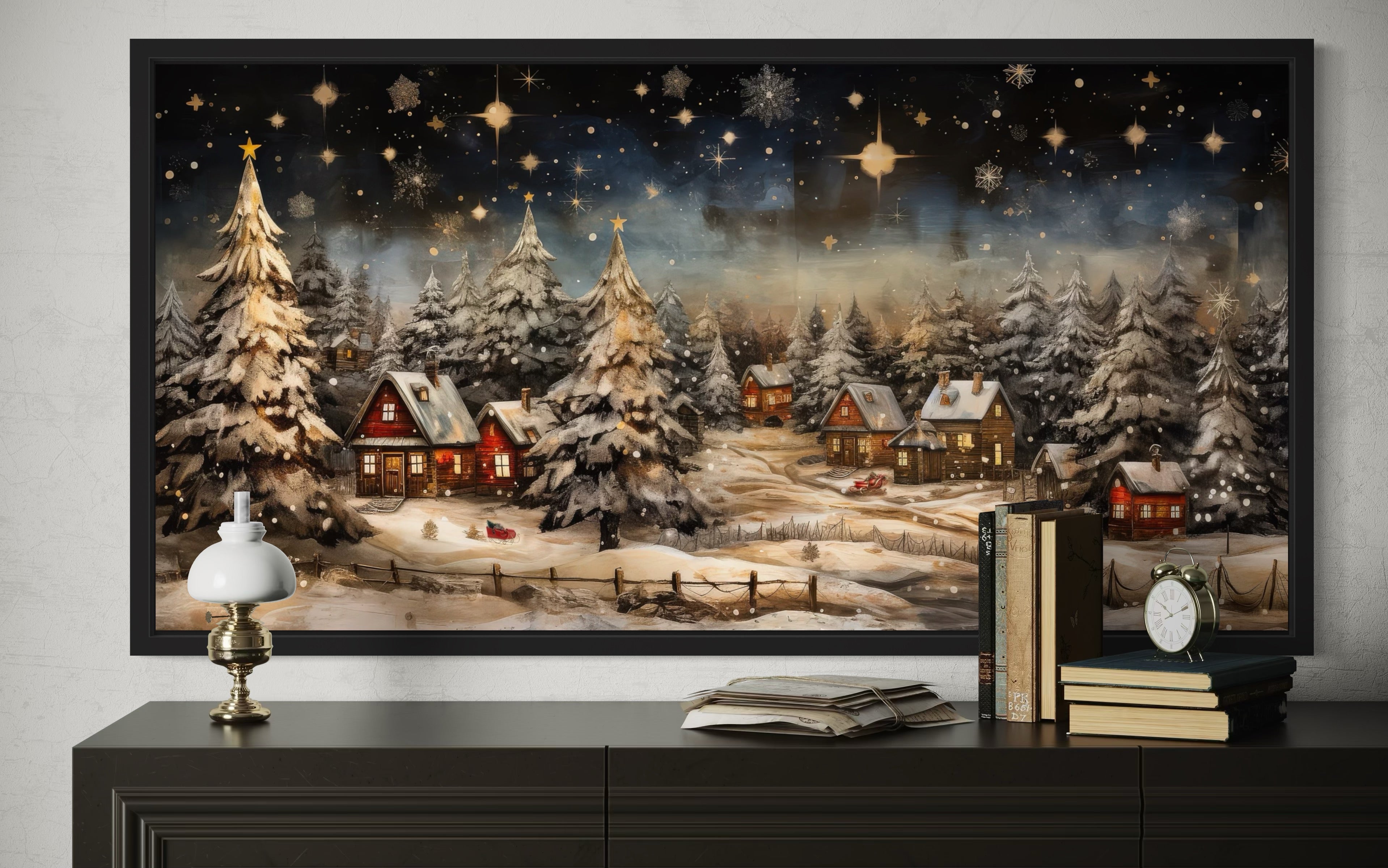 Snow Covered Winter Village At Night Farmhouse Christmas Over Fireplace Mantel Wall Art
