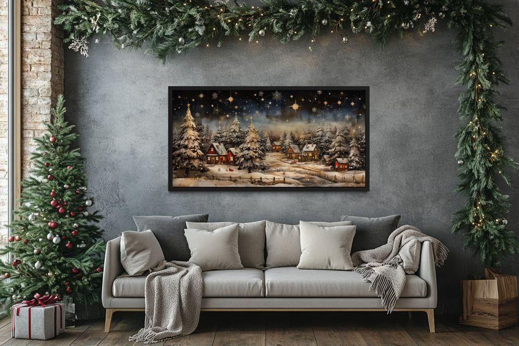 Snow Covered Winter Village At Night Farmhouse Christmas Over Fireplace Mantel Wall Art