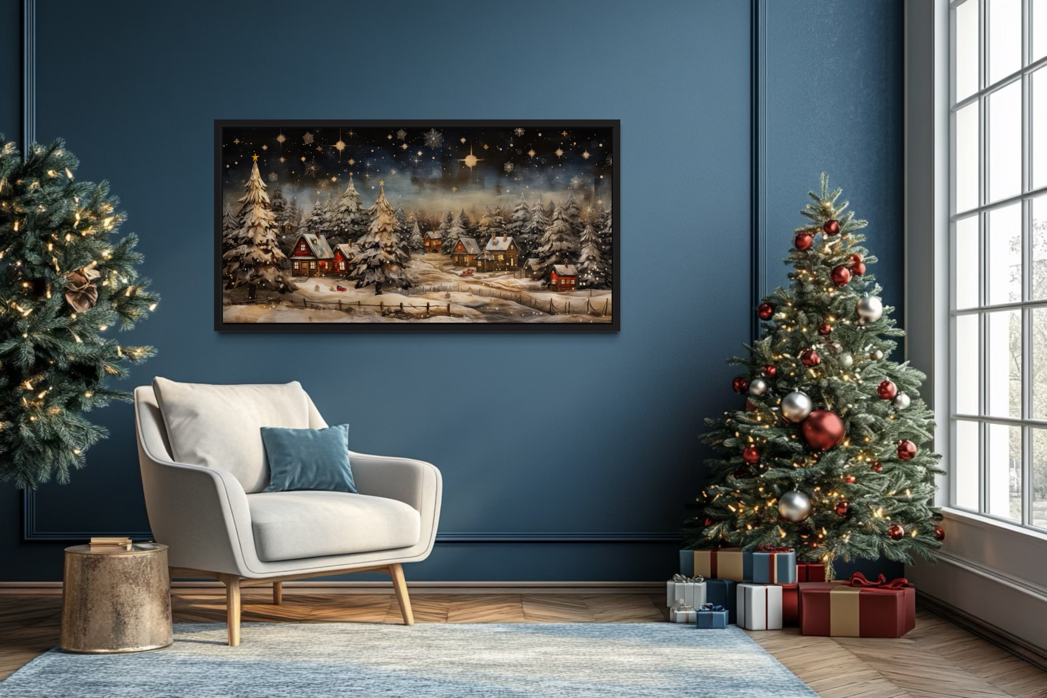 Snow Covered Winter Village At Night Farmhouse Christmas Over Fireplace Mantel Wall Art