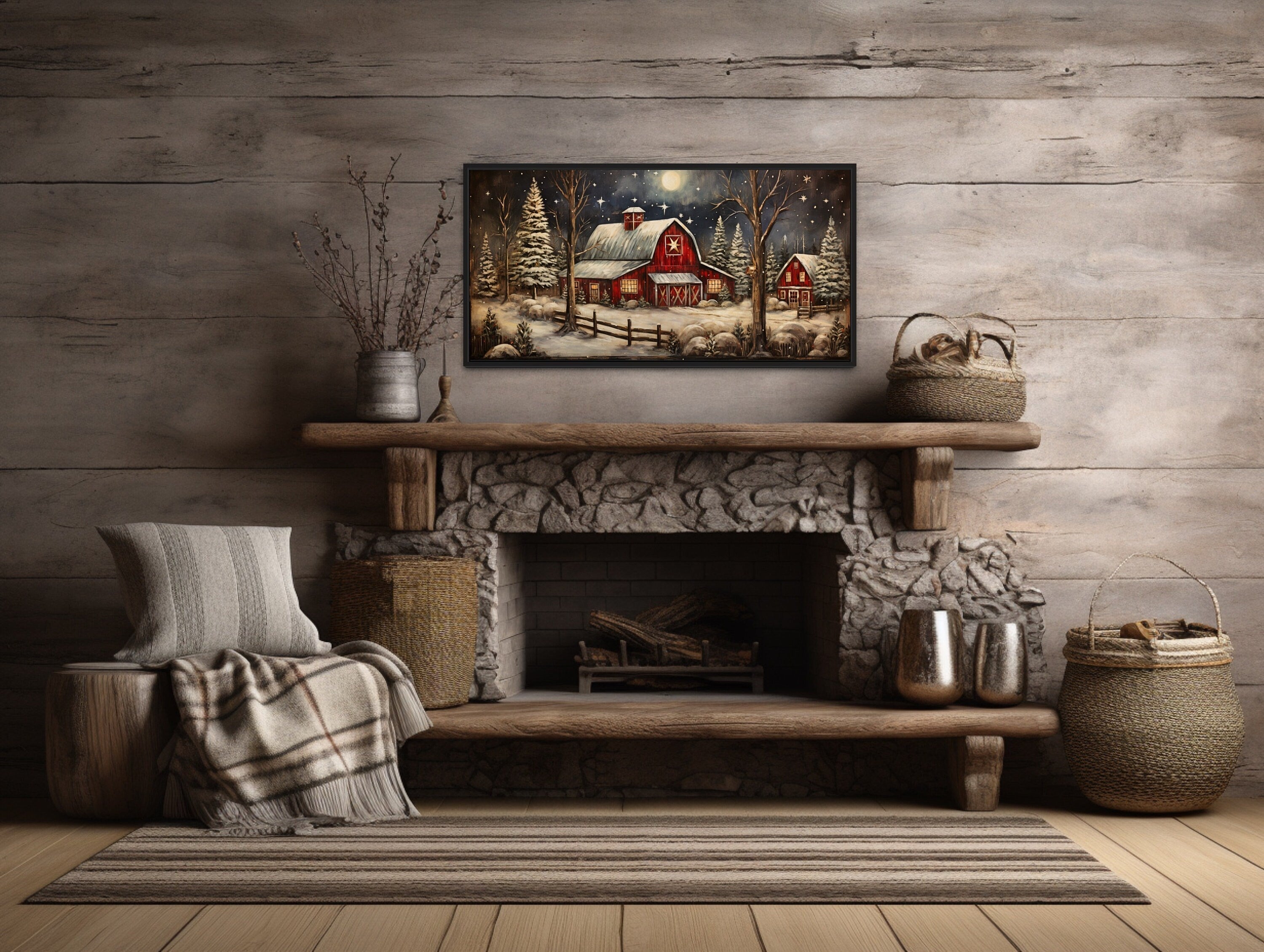 Snowy Farm Barn Painting On Wood Framed Christmas Canvas Wall Art