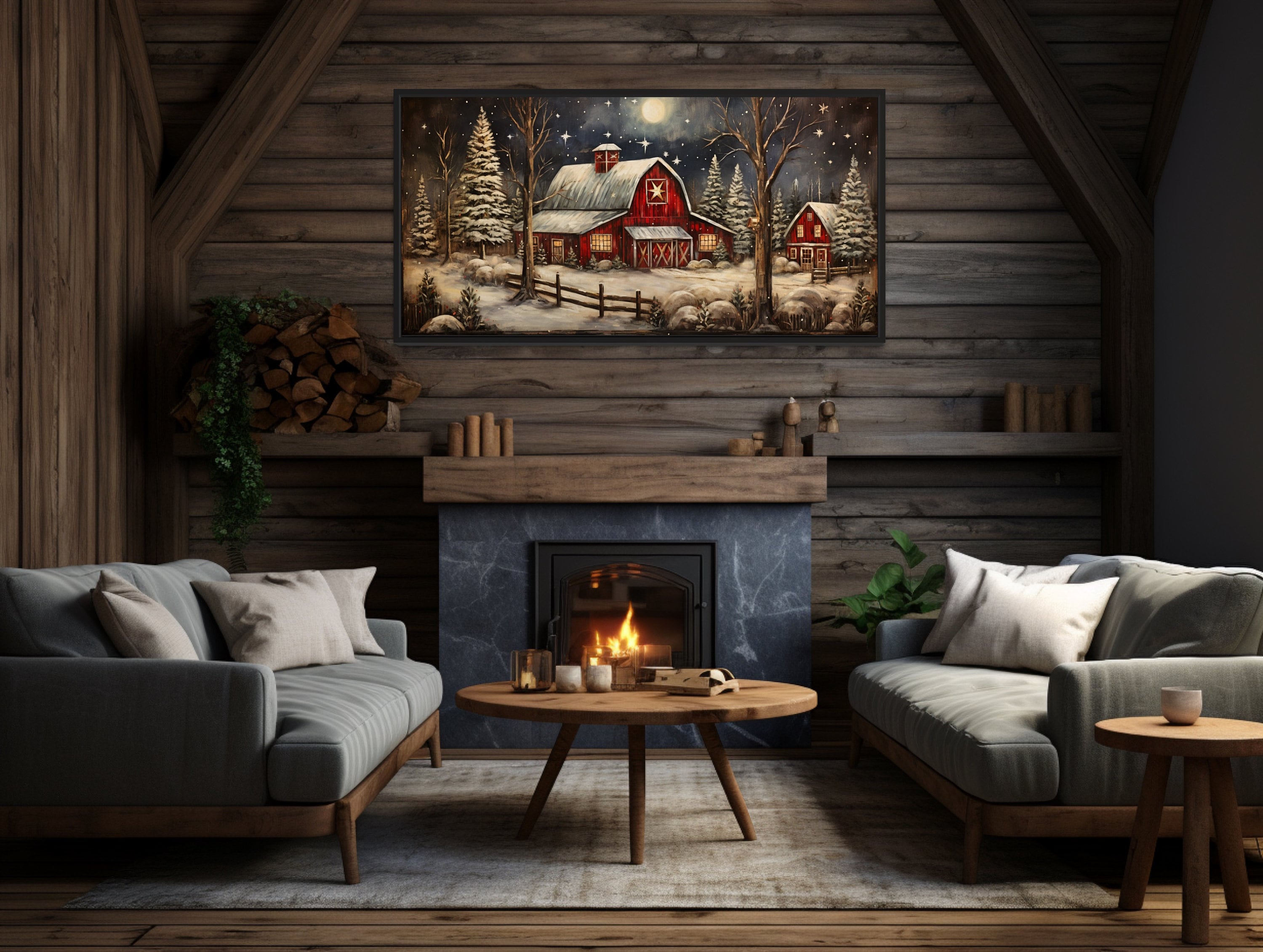 Snowy Farm Barn Painting On Wood Framed Christmas Canvas Wall Art