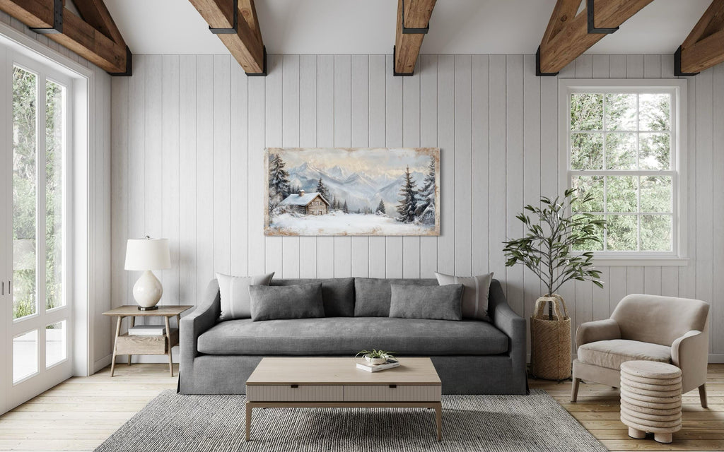 Snowy Mountain Cabin Art – Cozy Snow Scene Painting | Alpine Winter Canvas Wall Decor