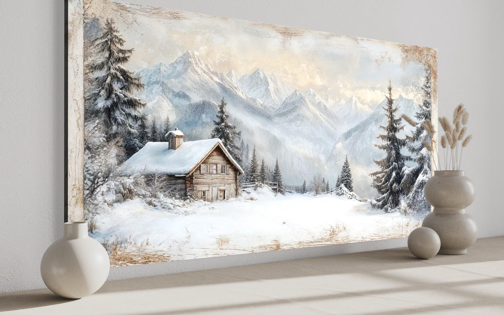 Snowy Mountain Cabin Art – Cozy Snow Scene Painting | Alpine Winter Canvas Wall Decor