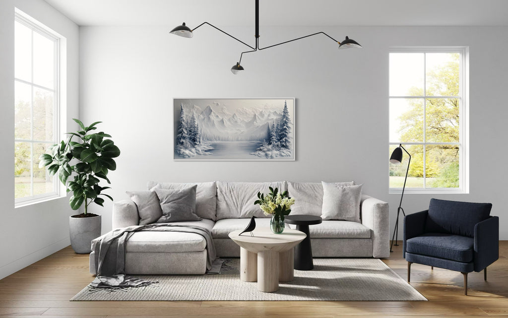Snowy Mountain Lake With Pine Trees Winter Framed Canvas Wall Art
