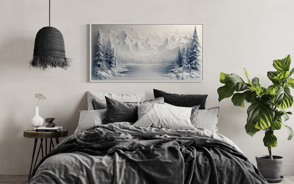 Snowy Mountain Lake With Pine Trees Winter Framed Canvas Wall Art
