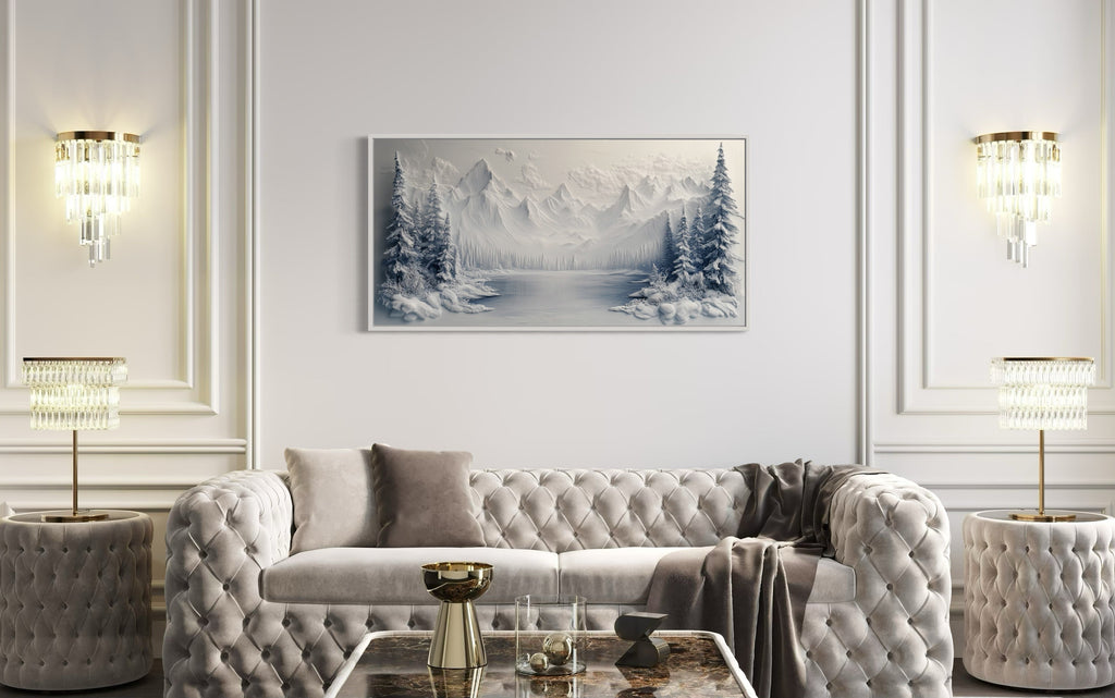 Snowy Mountain Lake With Pine Trees Winter Framed Canvas Wall Art