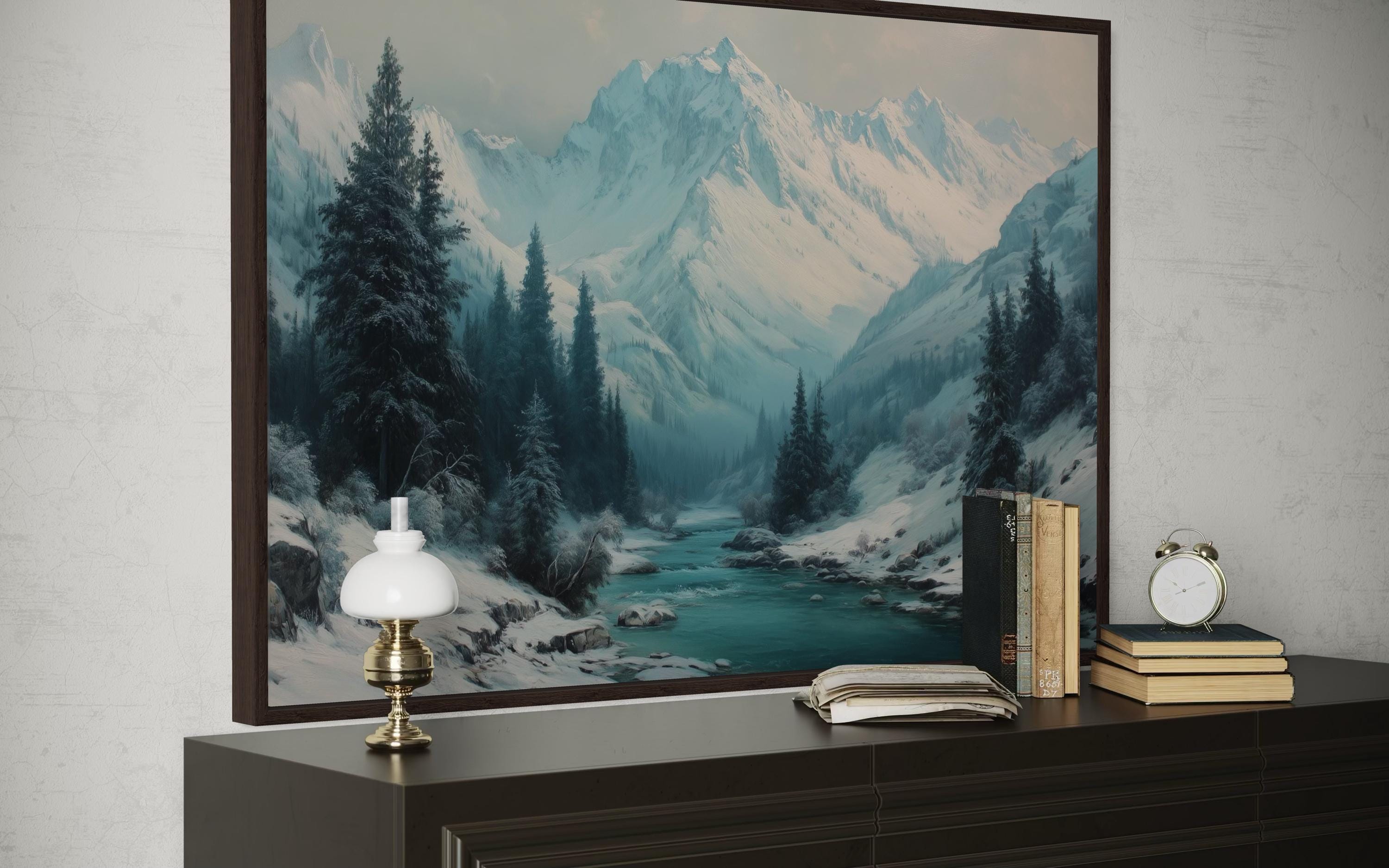 Snowy Mountain River In Winter Canvas Wall Art