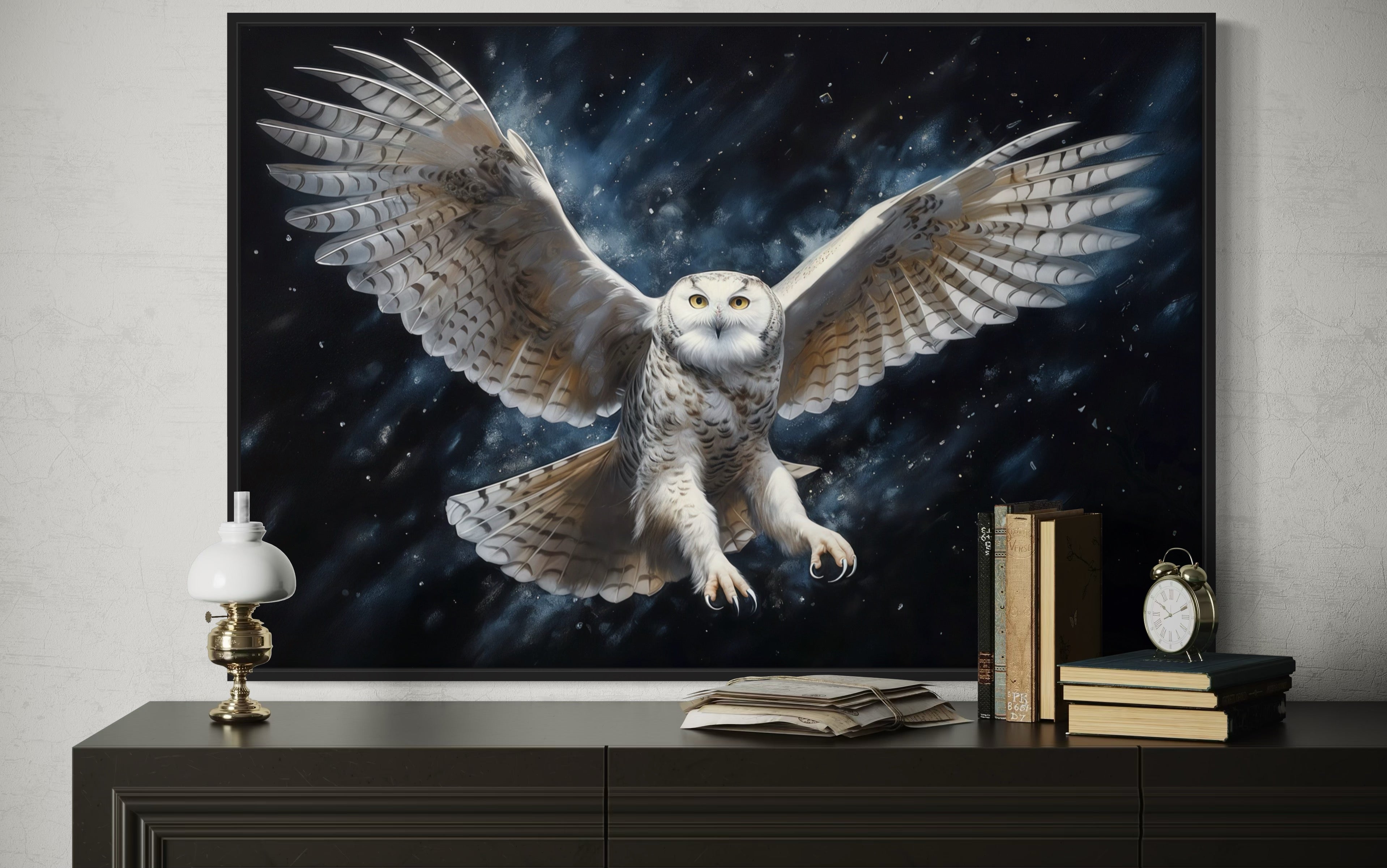 Snowy Owl Flying At Night Framed Canvas Wall Art