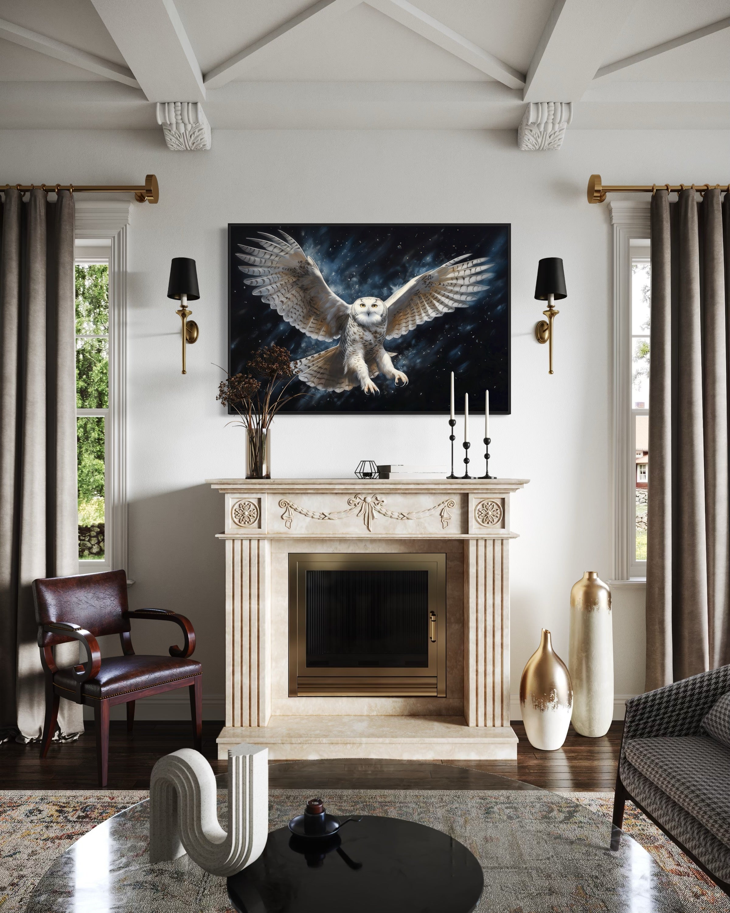 Snowy Owl Flying At Night Framed Canvas Wall Art