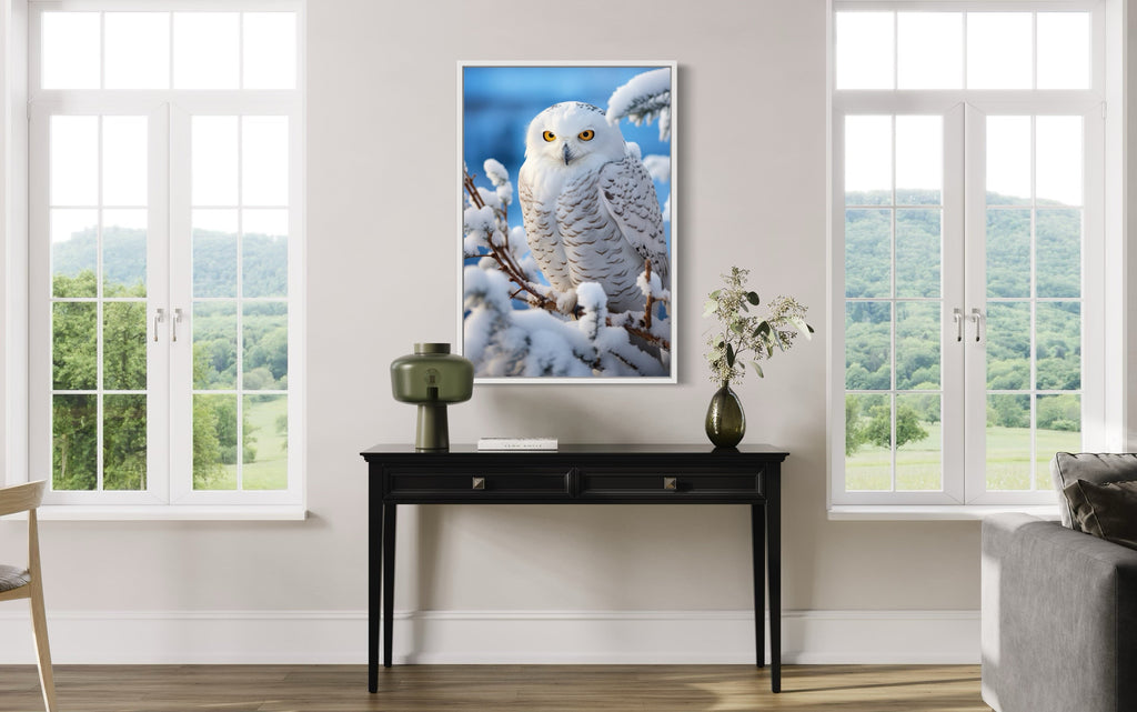 Snowy Owl In Snow Photography Style Framed Canvas Wall Art