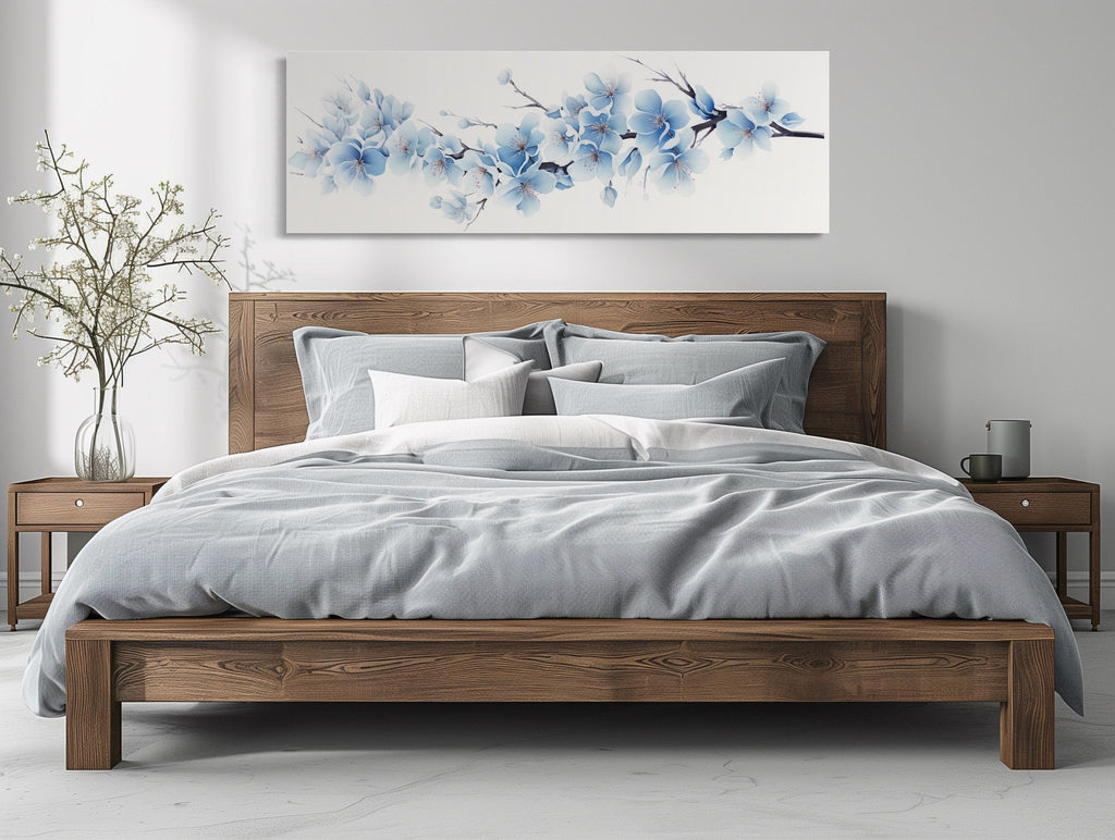 Soft Blue Blossom Flowers Long Horizontal Above Bed Wall Art
