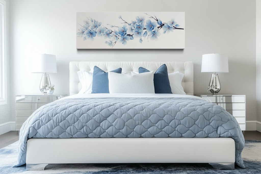 Soft Blue Blossom Flowers Long Horizontal Above Bed Wall Art