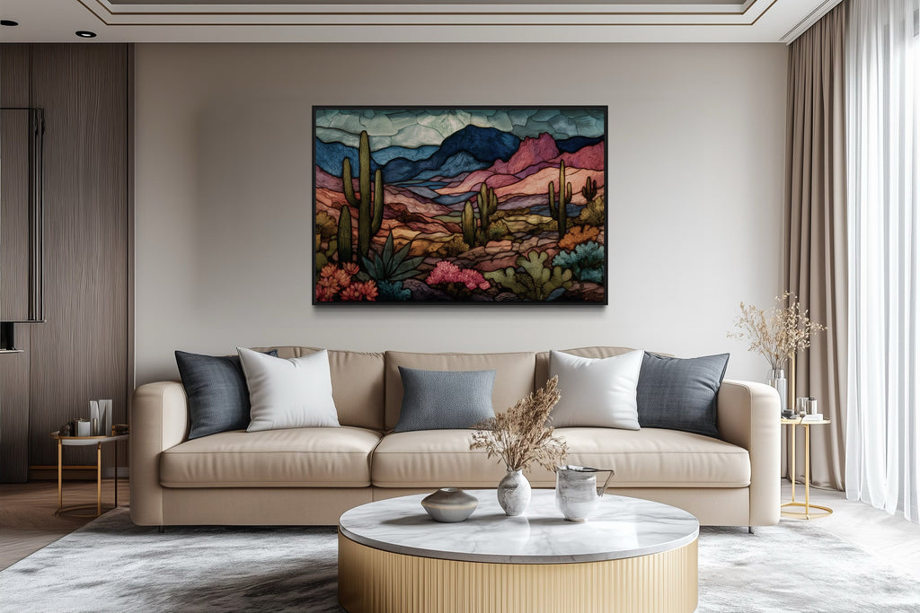 Sonoran Desert With Saguaro Cactus In Stained Glass Style Mexican Framed Canvas Wall Art