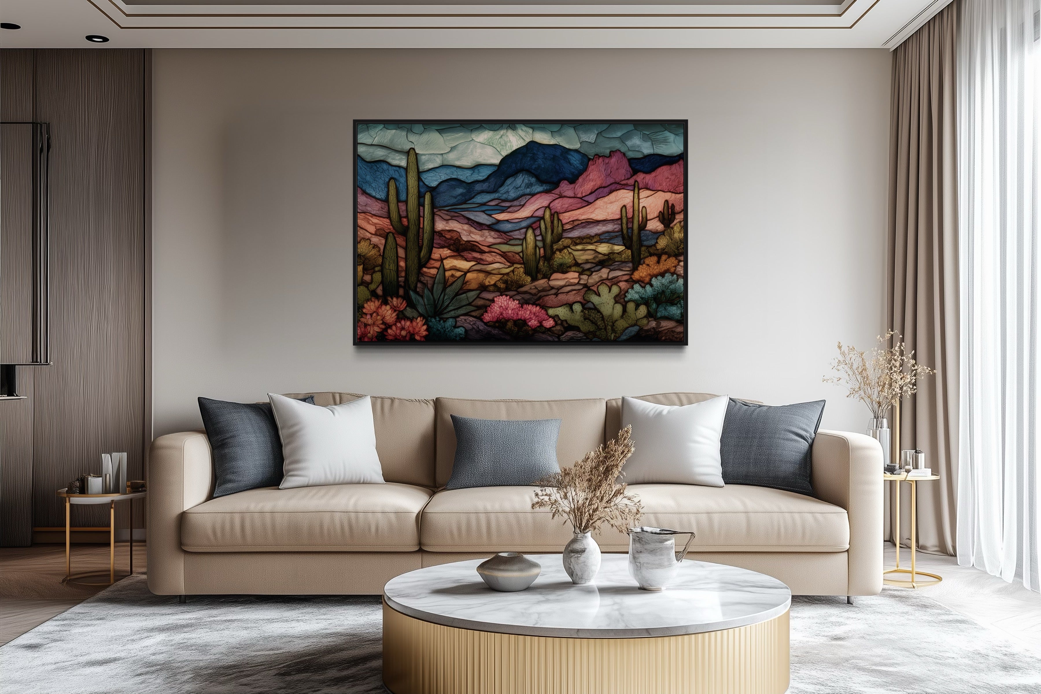 Sonoran Desert With Saguaro Cactus In Stained Glass Style Mexican Framed Canvas Wall Art