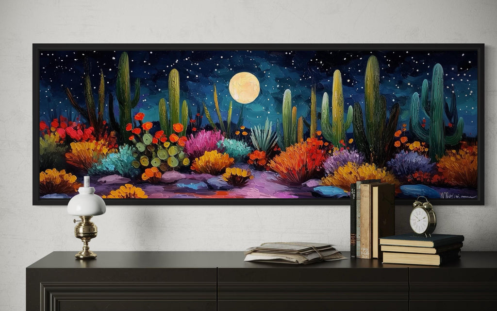 Southwest Desert Cacti Under Moon And Starry Sky Long Horizontal Canvas Wall Art