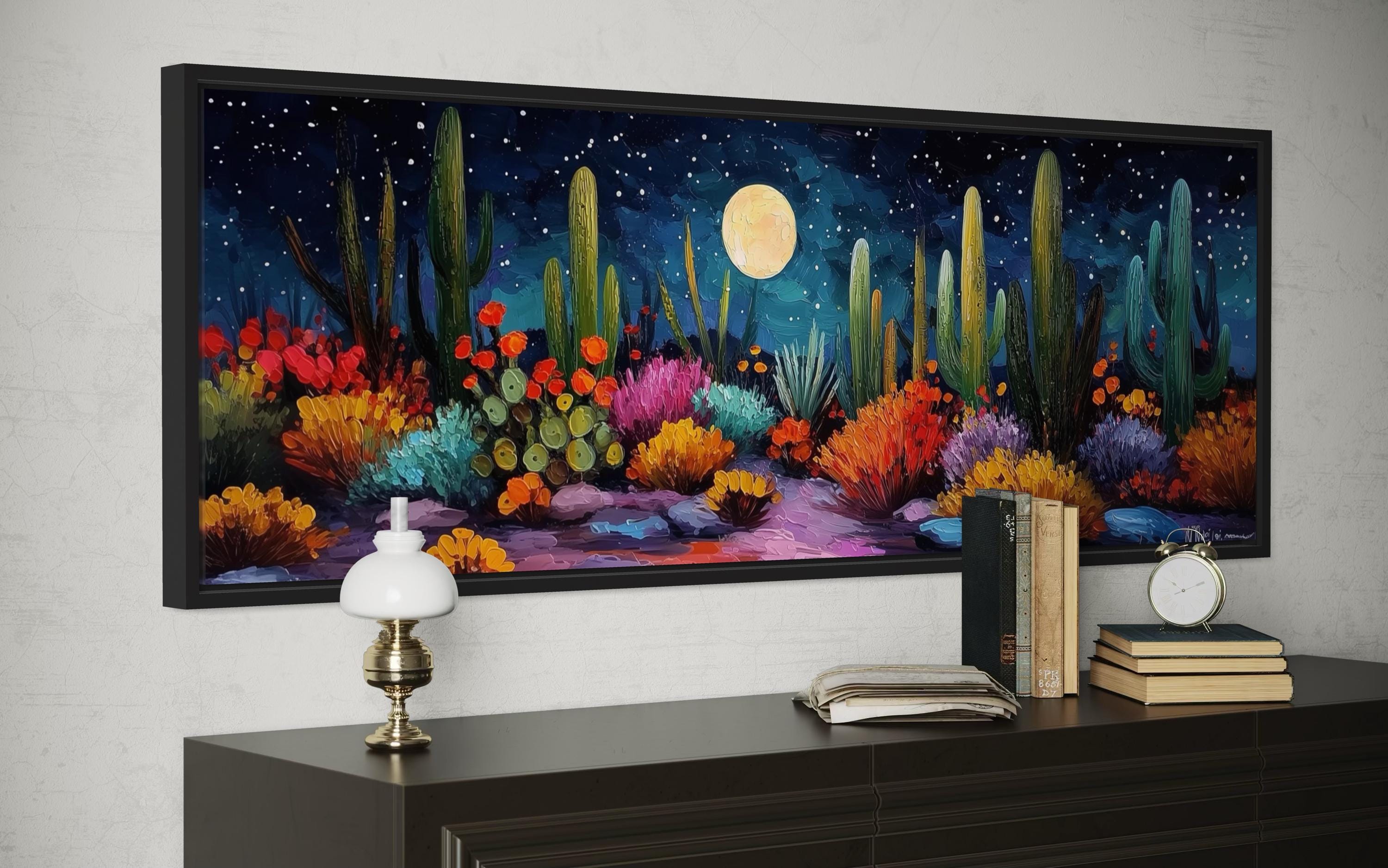 Southwest Desert Cacti Under Moon And Starry Sky Long Horizontal Canvas Wall Art