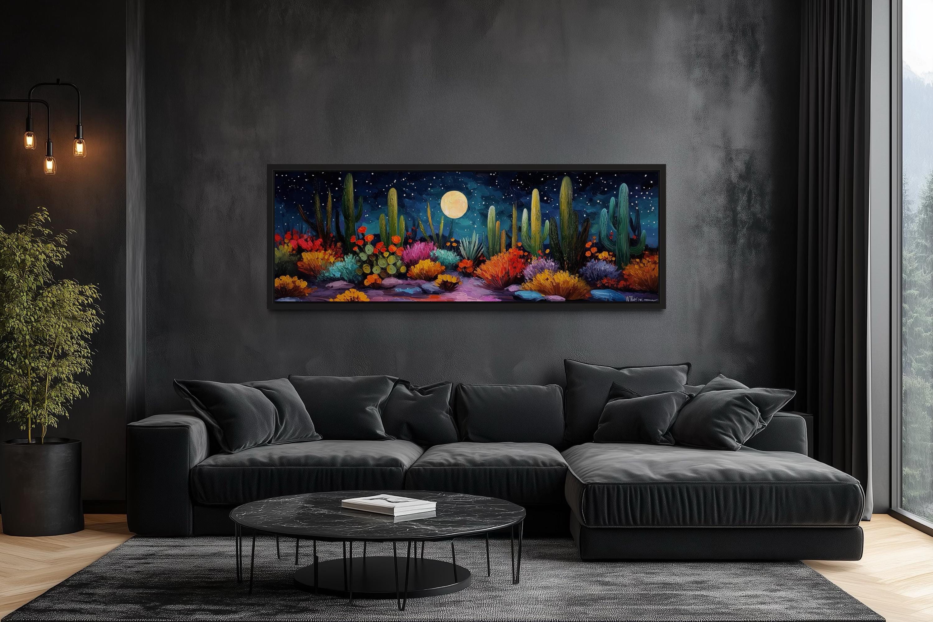 Southwest Desert Cacti Under Moon And Starry Sky Long Horizontal Canvas Wall Art