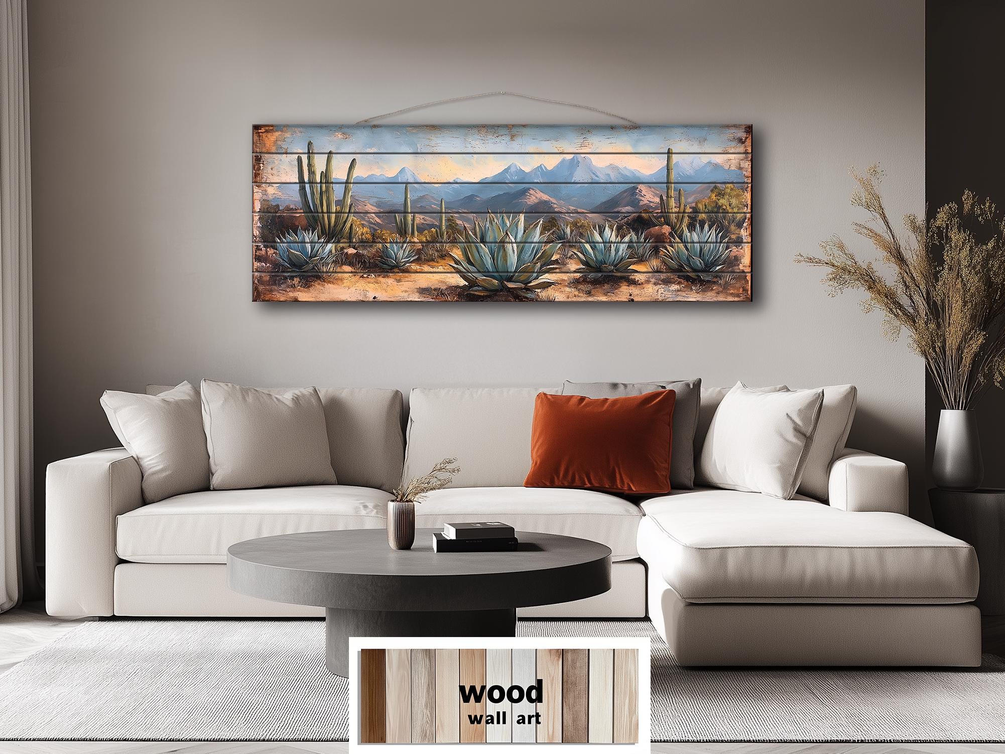 Southwestern Desert Agave Plants Long Horizontal Distressed Wood Wall Art