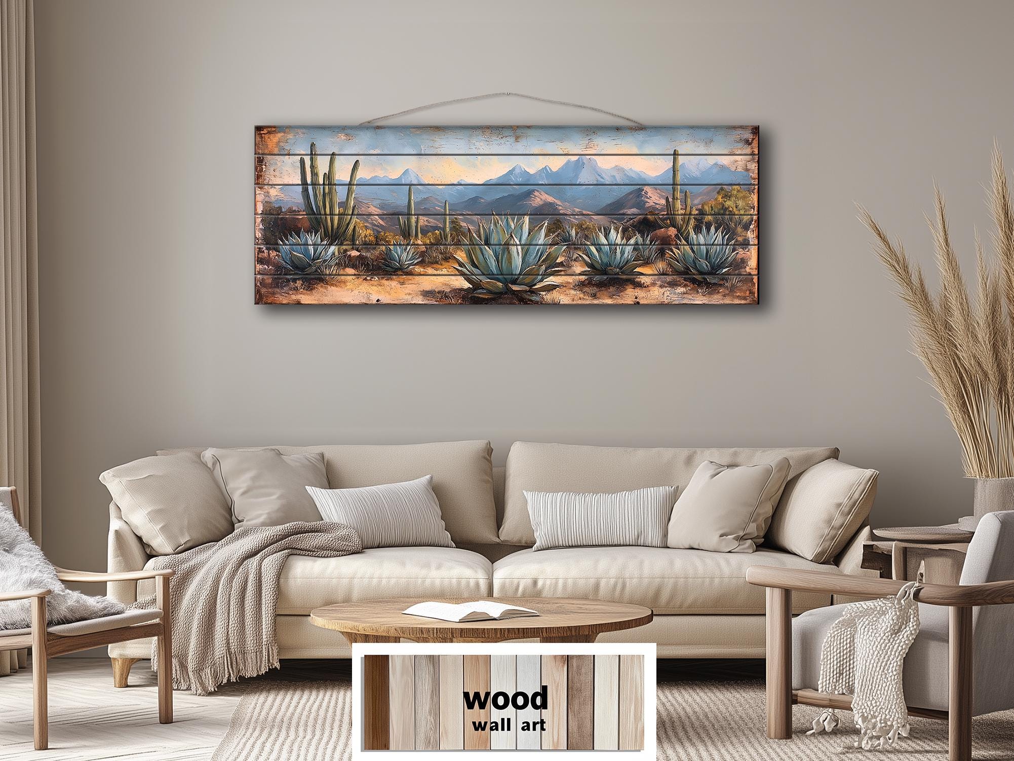 Southwestern Desert Agave Plants Long Horizontal Distressed Wood Wall Art