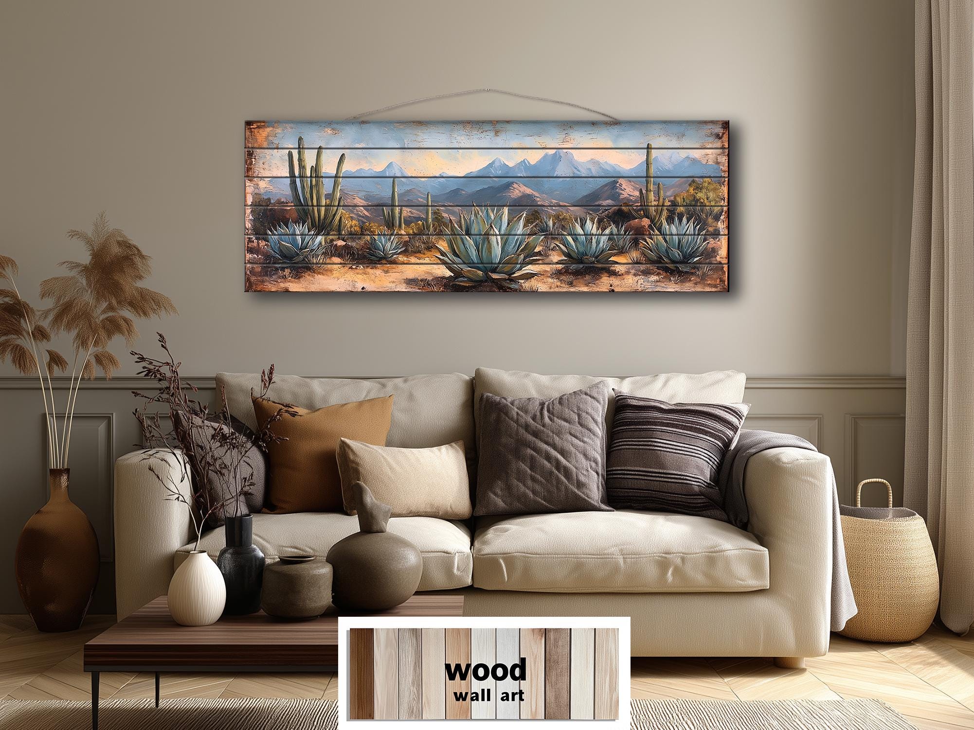 Southwestern Desert Agave Plants Long Horizontal Distressed Wood Wall Art