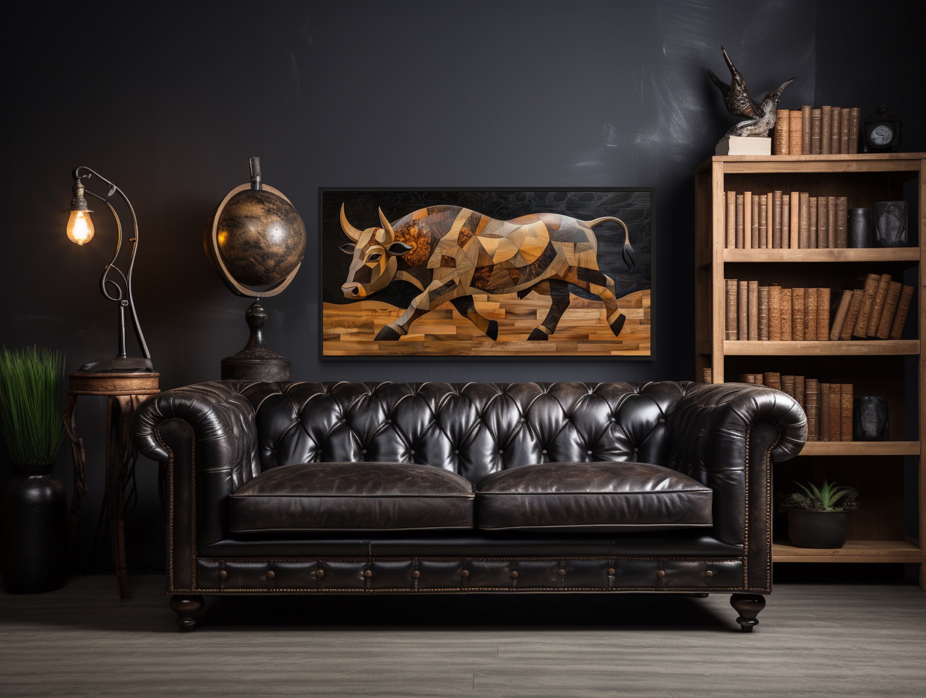 Spanish Bull Painting In Wood Style Extra Large Framed Canvas Wall Art