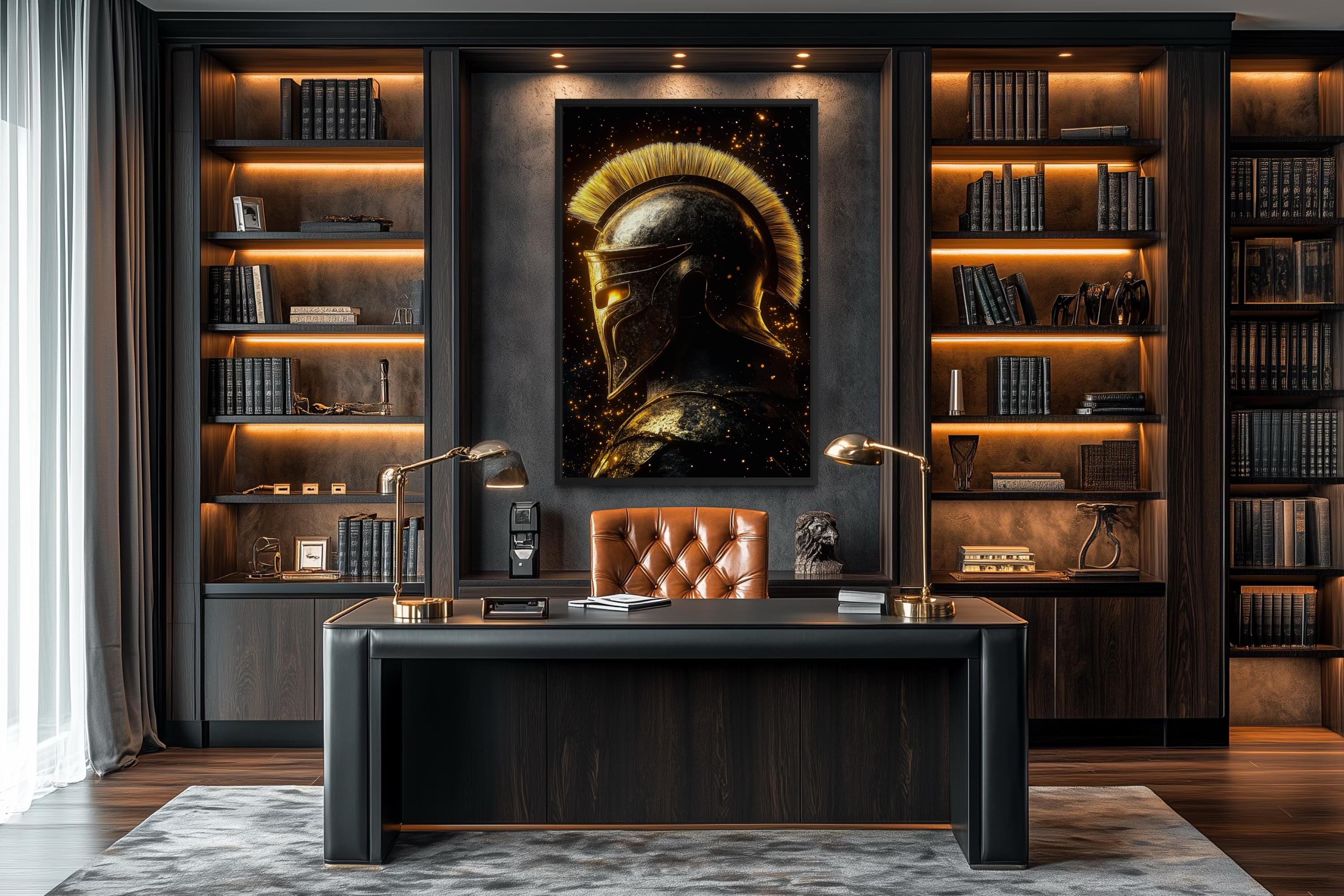 Spartan Warrior Helmet Art – Dark Gold Ancient Greek Armor Canvas Print for Man Cave Wall Decor