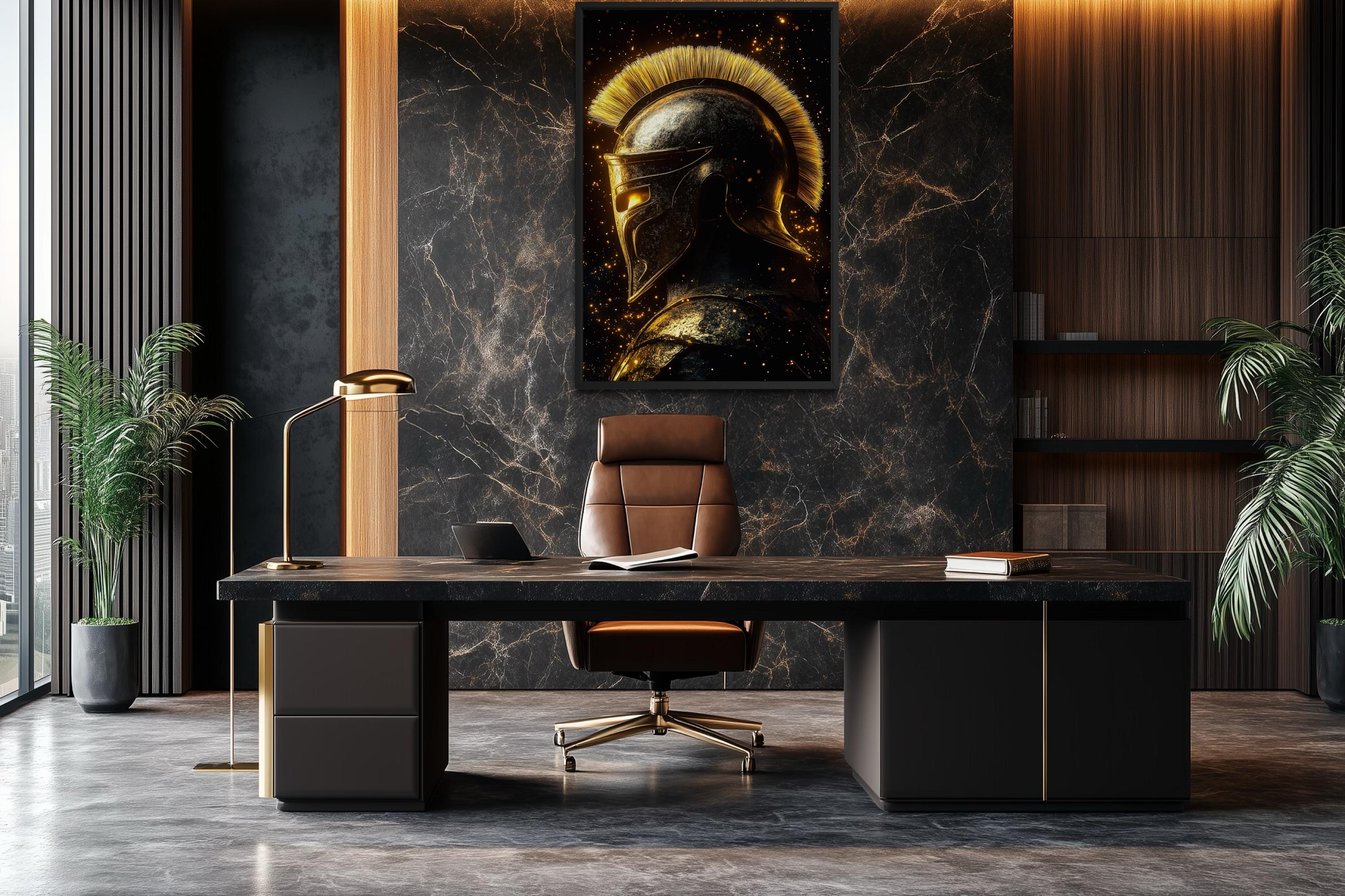 Spartan Warrior Helmet Art – Dark Gold Ancient Greek Armor Canvas Print for Man Cave Wall Decor