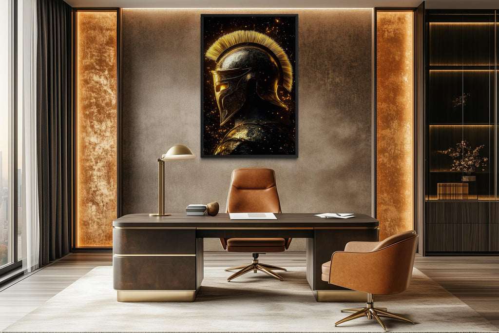 Spartan Warrior Helmet Art – Dark Gold Ancient Greek Armor Canvas Print for Man Cave Wall Decor
