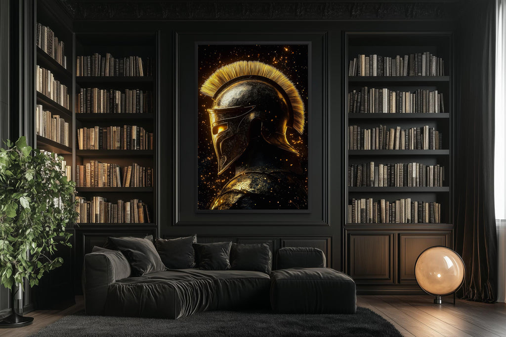 Spartan Warrior Helmet Art – Dark Gold Ancient Greek Armor Canvas Print for Man Cave Wall Decor