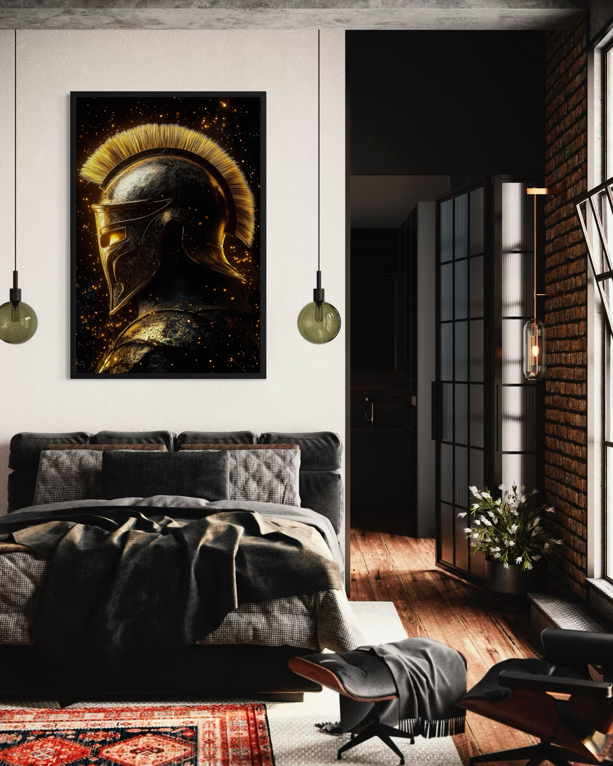 Spartan Warrior Helmet Art – Dark Gold Ancient Greek Armor Canvas Print for Man Cave Wall Decor