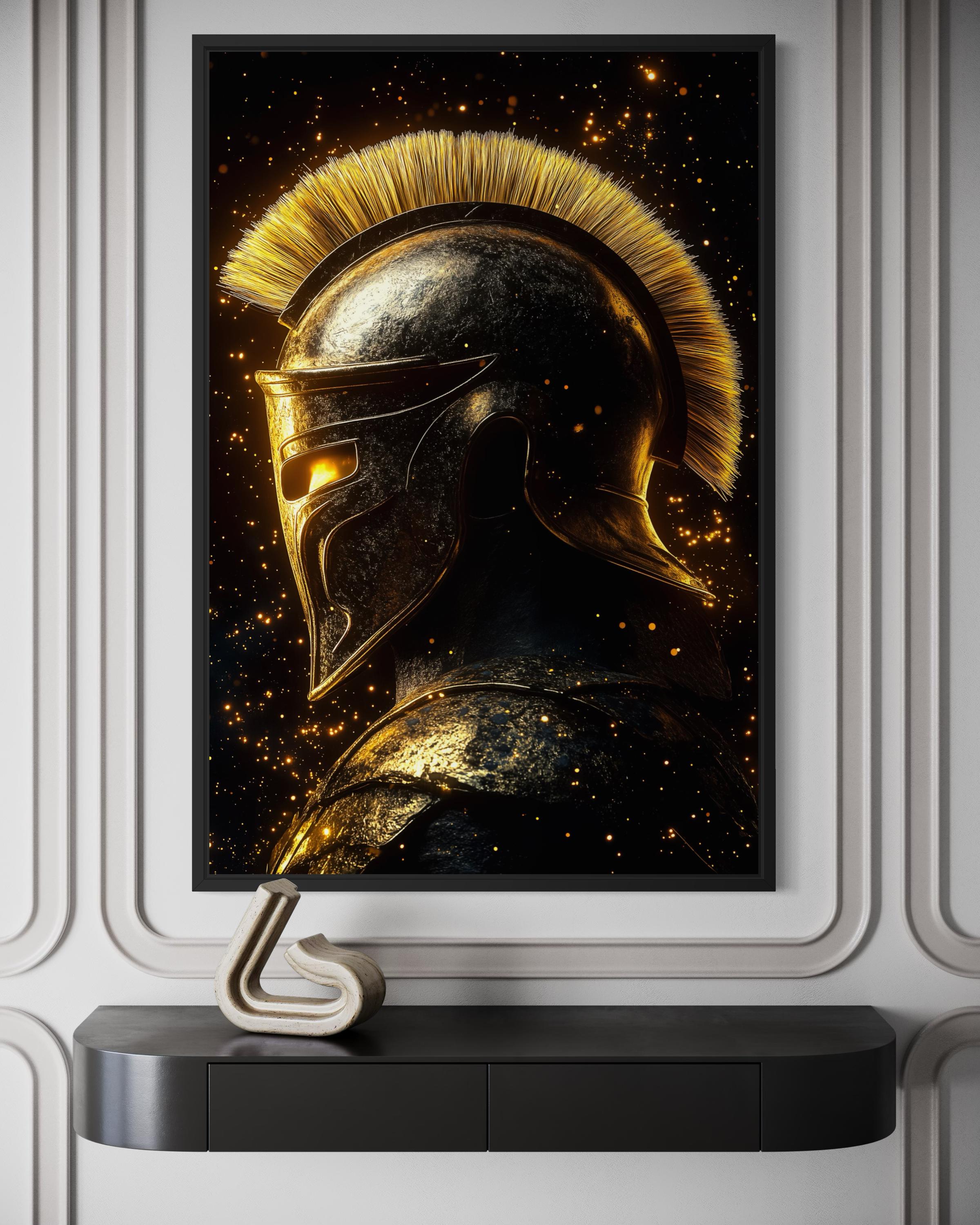 Spartan Warrior Helmet Art – Dark Gold Ancient Greek Armor Canvas Print for Man Cave Wall Decor