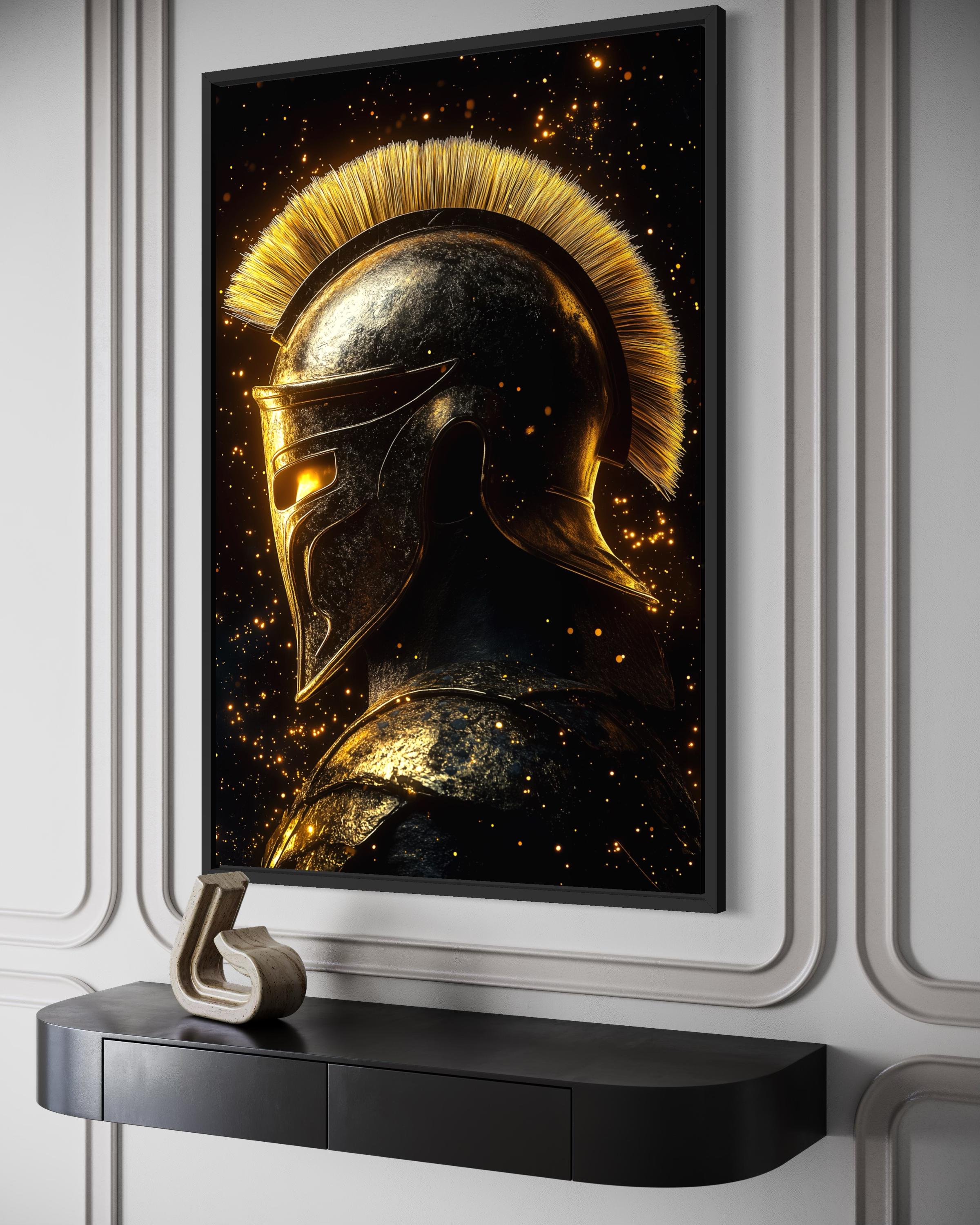 Spartan Warrior Helmet Art – Dark Gold Ancient Greek Armor Canvas Print for Man Cave Wall Decor