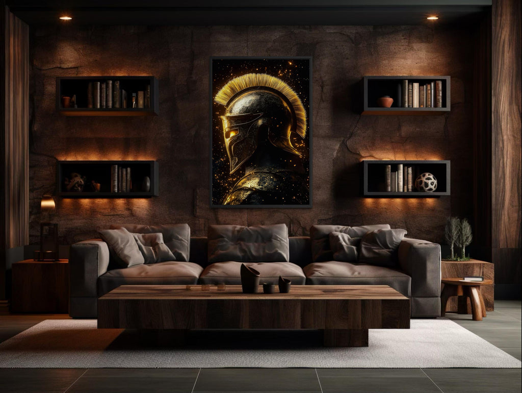 Spartan Warrior Helmet Art – Dark Gold Ancient Greek Armor Canvas Print for Man Cave Wall Decor
