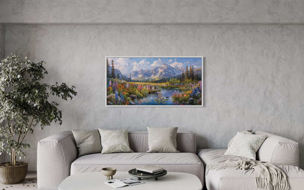 Spring Wildflowers Wall Art – Mountain Valley Landscape Framed Canvas Print for Rustic Home