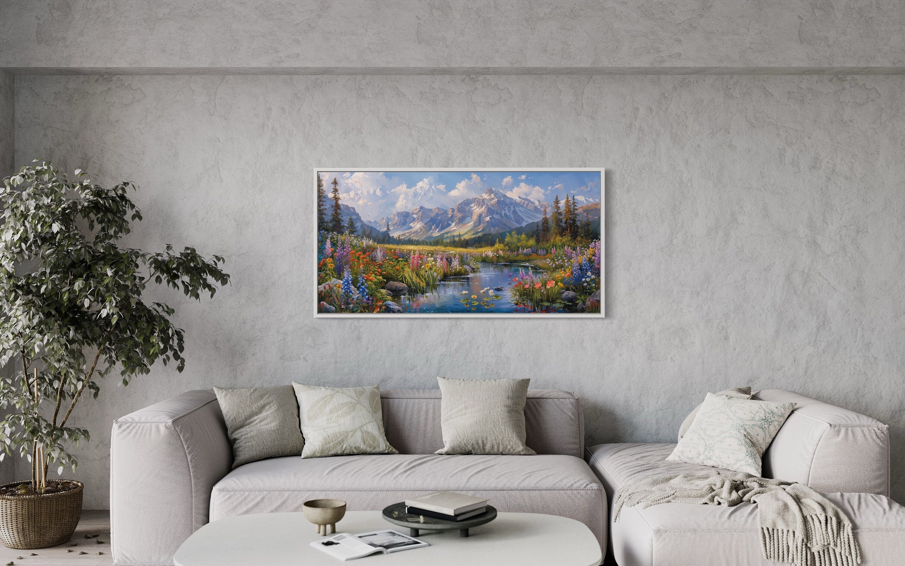 Spring Wildflowers Wall Art – Mountain Valley Landscape Framed Canvas Print for Rustic Home