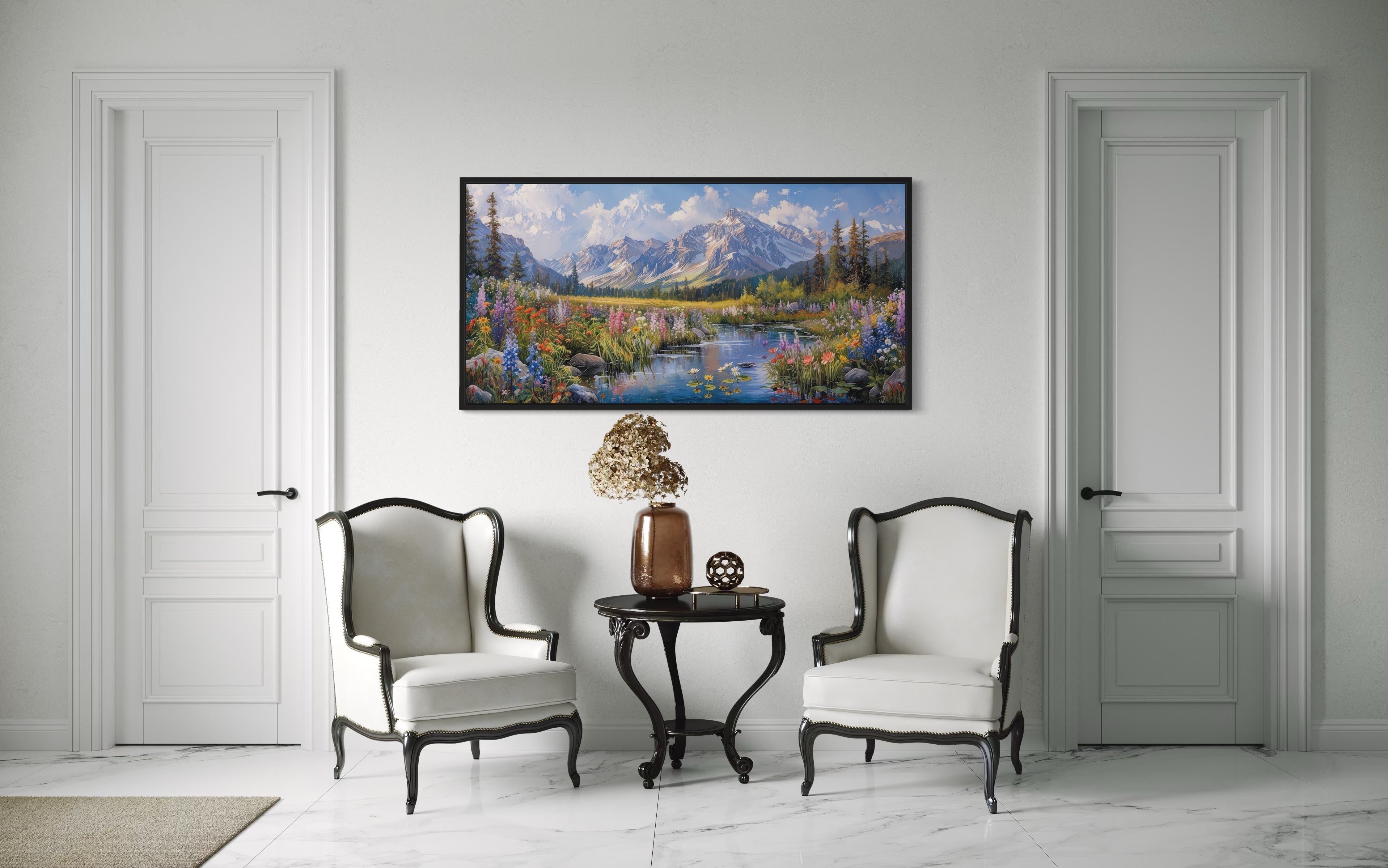 Spring Wildflowers Wall Art – Mountain Valley Landscape Framed Canvas Print for Rustic Home